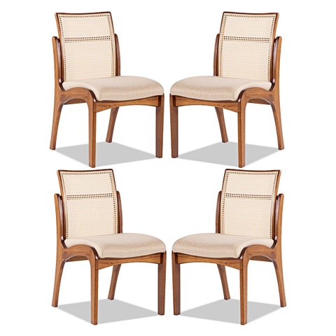 Kit 4 Cadeiras para Mesa de Jantar Lisboa com Encosto Rattan Madeira Maciça Linho Bege M58 RMI
