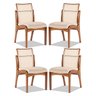Kit 4 Cadeiras para Mesa de Jantar Lisboa com Encosto Rattan Madeira Maciça Linho Bege M58 RMI - 1