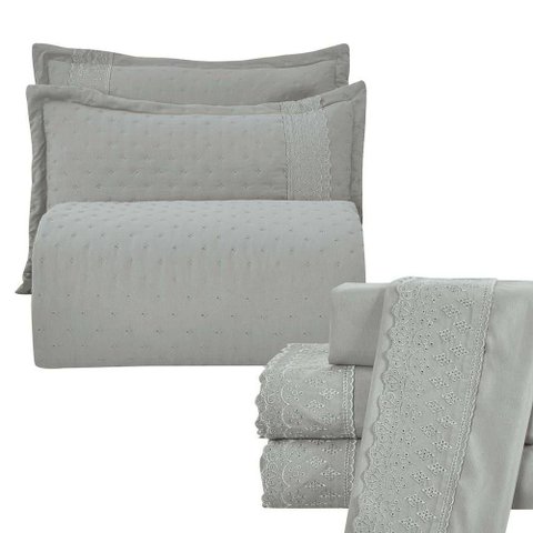 Kit Cobre Leito Queen + Jogo de Lençol Micropercal 300 Fios com Bordado Inglês Santorini 7 Peças