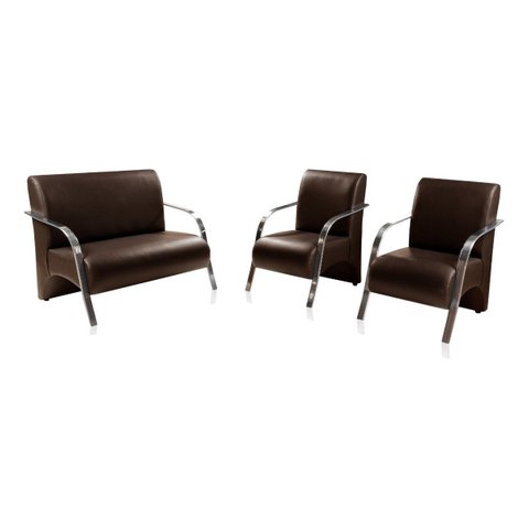 Conjunto Sevilha 2 Poltronas + 1 Namoradeira Braço Metal Decoração Recepção Sala - Corino Marrom