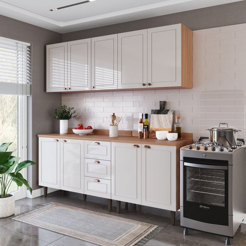 Cozinha Pérola 200cm 4 Peças com Tampo Off White/Freijó Yescasa