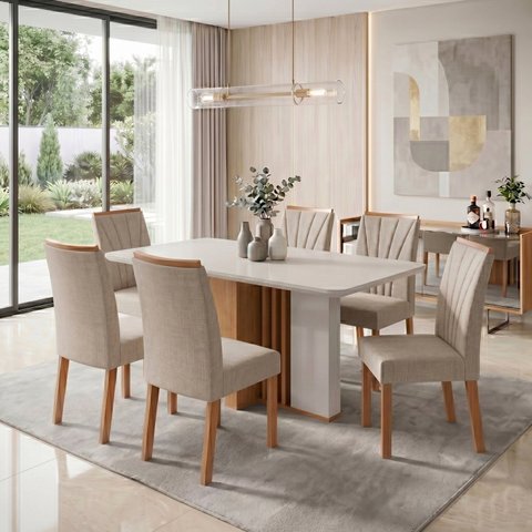 Conjunto Sala de Jantar 6 Lugares Quadrada Tampo MDF Mesa Astrid com Cadeiras Apogeu Bege Amêndoa Clean/Off White/Rinzai Bege