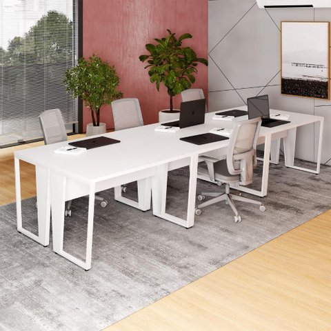 Mesa Trabalho Escritório 6 Pessoas 360cm Pé Metal F5 Office Cor:branco
