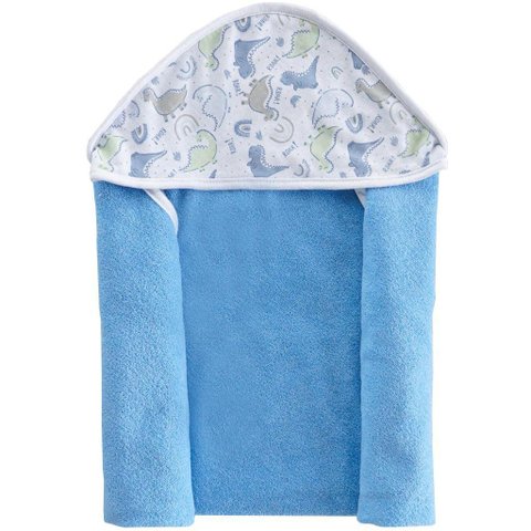 Toalha Capuz Bebê 70x70cm Malha Atoalhada Dino Azul