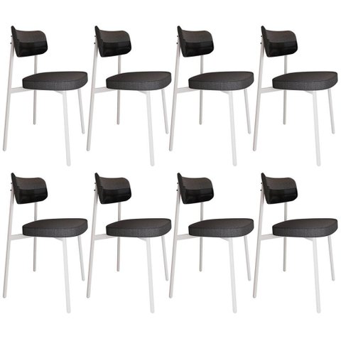 Kit 08 Cadeiras Estofada para Sala de Jantar Astrid Branco C01 Linho Preto Courino Preto - Lyam