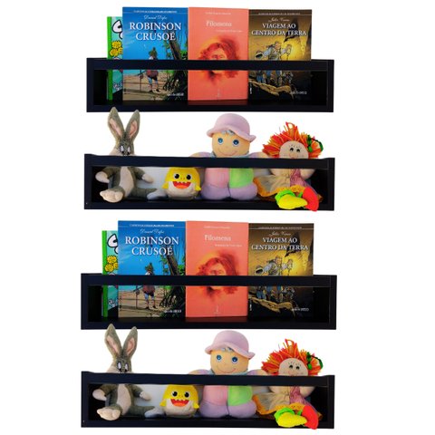 Kit de Nichos Revisteiros Infantil de Parede Prateleira Preta para Quarto Criança 4pçs 55cm