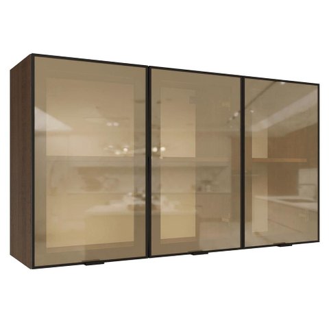 Kit 2 Armários Aéreos de Cozinha 3 Portas 120 cm Rustic/Preto Vidro Reflecta Bronze Vinil Madesa