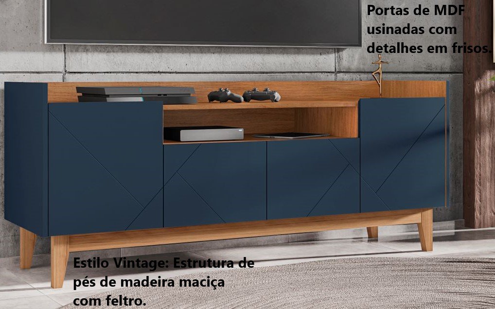 Rack Sala Adria para TV até 60 Polegadas c/ Pés de Madeira Azul Cobalto/Cedro - 3