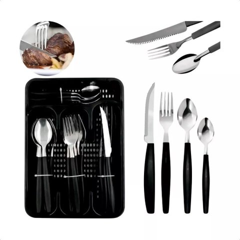 Conjunto Jantar Kit Talher Garfo Colher e Colher de Sobremesa Cor Preta