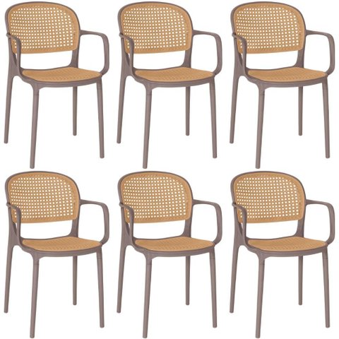 Kit 6 Cadeiras de Jantar Roma Prática com Braços para Sala e Cozinha - Marrom Claro