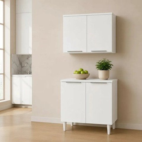 Kit Cozinha 2 Peças Balcão + Armário Aéreo 80 cm Branco