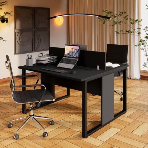 Plataforma Dupla 1,20 m X 1,20 m com Divisória e Caixas de Tomadas Pés Metal F5 Office Cor:Preto