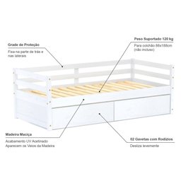 Cama Solteiro Eco com 02 Gavetas Madeira Maciça Branco Mobilistore - 4