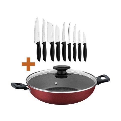 KIT - Panela Wok Alumínio 28Cm Loreto Vermelho + 1 Conjunto Facas 9pç - Tramontina