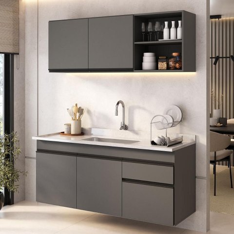 Armário Cozinha Modulada Compacta Suspensa com Pia 150cm Milano Multimóveis MCR2481 Grafite/Creme