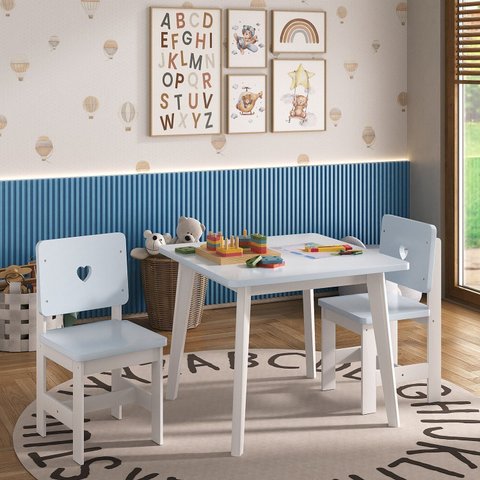 Conjunto Infantil Mesa com 2 Cadeiras Madeira de Pinus Sofia Azul/Branco
