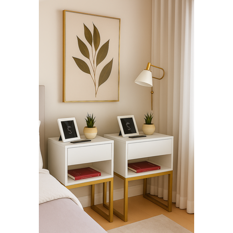 Kit 2 Mesas Cabeceira Industrial 40cm Branco Gaveta Superior Eco Base Metal Dourado Já Montada