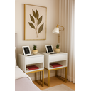 Ver imagem 1 de Kit 2 Mesas Cabeceira Industrial 40cm Branco Gaveta Superior Eco Base Metal Dourado Já Montada
