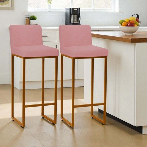 Kit 2 Banquetas Andy Moderna Ferro Dourado Estofado Suede Rose