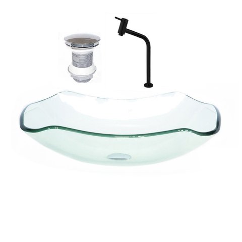 Cuba de Vidro Abaulada 45cm Jateada + Valvula + Torneira Preta