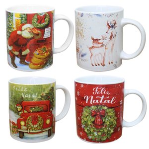 Kit 4 Canecas de Natal Variadas em Cerâmica 350ml