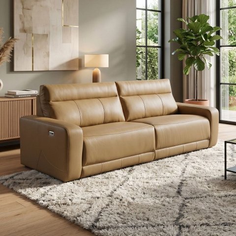 Sofá 3 Lugares Retrátil Reclinável Elétrico 224cm Mazi L06 Couro Caramelo - Lyam Decor