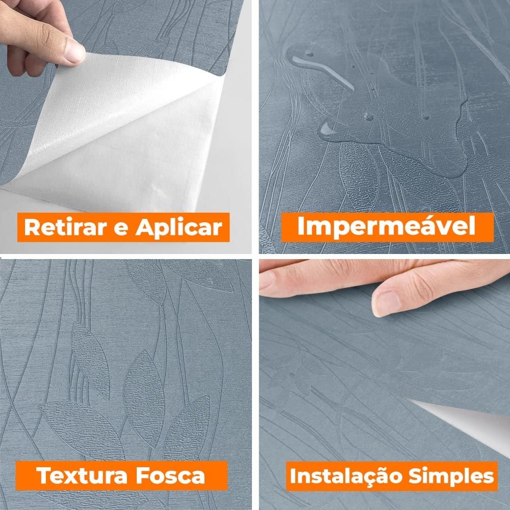 Papel de Parede Adesivo Lavavel Texturizado Linhas e Folhas Azul 500x60cm - 3