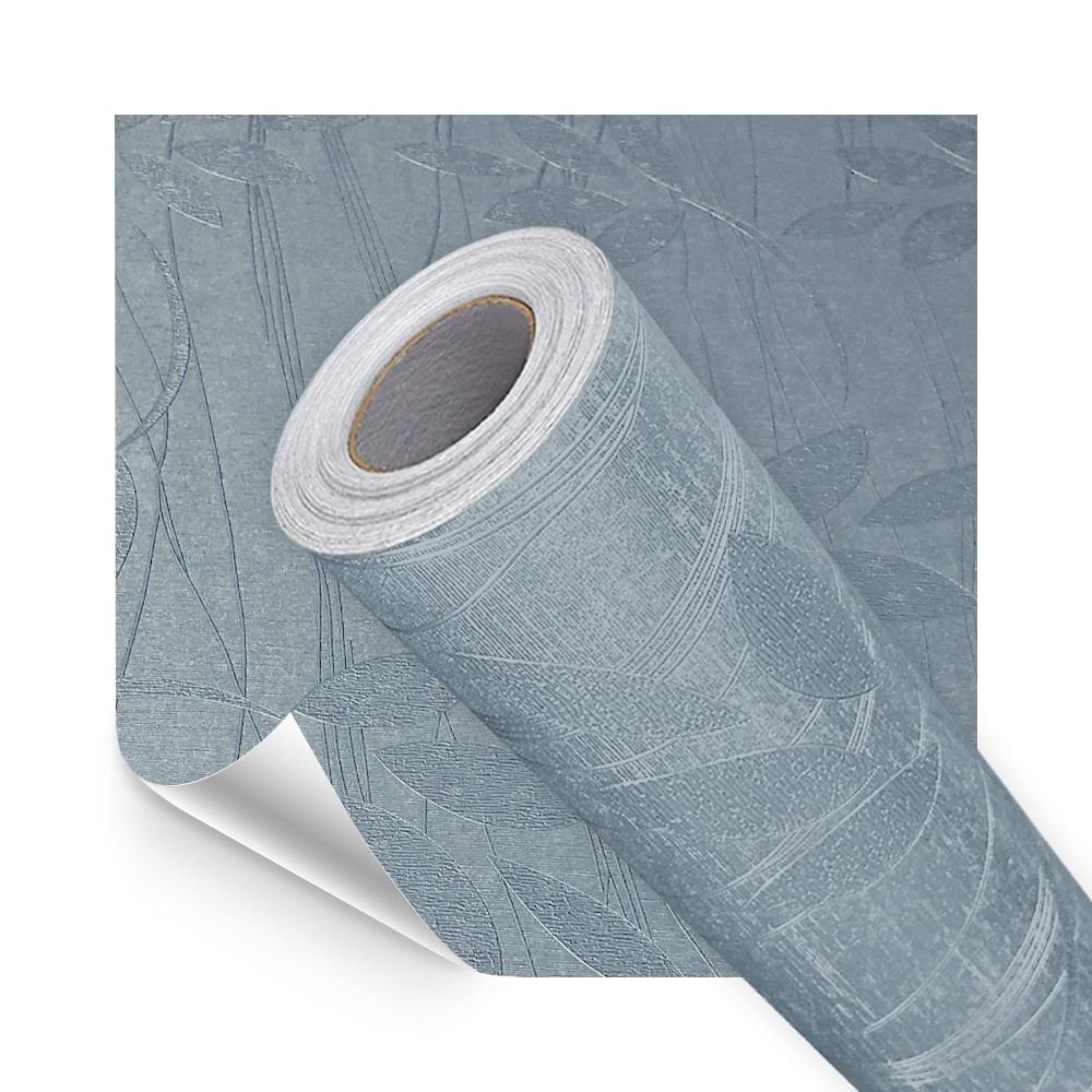 Papel de Parede Adesivo Lavavel Texturizado Linhas e Folhas Azul 500x60cm - 1
