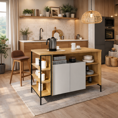 Ilha Bancada Mesa Cozinha para Banquetas com Prateleiras:mel com Arenas