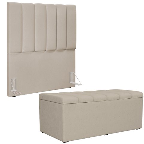 Kit Cabeceira Cama Box Solteiro 100cm Com Calçadeira Recamier Baú Dália W01 Linho Bege - Lyam