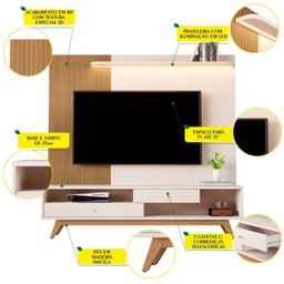 Rack com Painel para TV até 75 Polegadas com Led Ripado Impressão Pés Madeira Maciça - 4