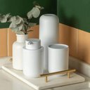 Ver imagem 2 de Kit Bandeja Retangular Decorativa e Porta Escova de Dentes com Tampa Branco Plástico Banheiro