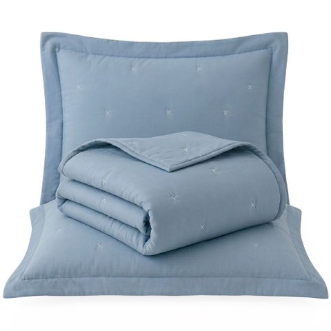 Kit Cobre Leito Max Casal Percal 300 Fios Colcha Dupla Face Bordado Matelassê 3 Peças Azul