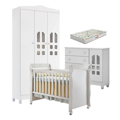 Quarto de Bebê New Selena 3 Portas com Cômoda Selena e Berço Mirelle Branco Brilho e Colchão
