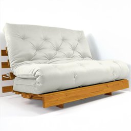 Sofá Cama Casal Futon Tokio Branco Off Sarja Impermeável Madeira Maciça Cor Mel - 4
