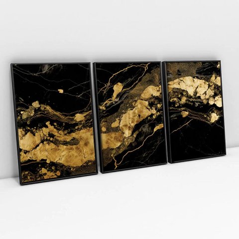 Kit Quadro Decorativo 3 Telas Canvas Black Ouro Tacolado Moldura Flutuante 4,5cm Preta 80 X 120cm