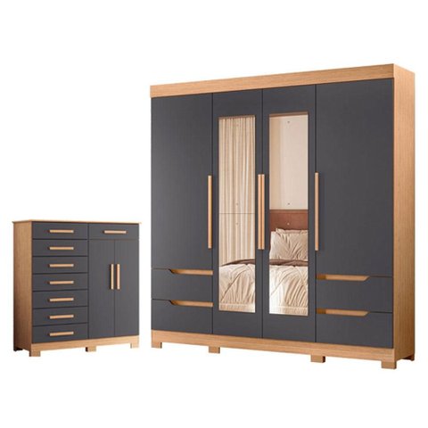 Guarda Roupa Solteiro Vivacce 04 Portas com Espelho e Cômoda Verona Freijo Titanium - Móveis Albatro