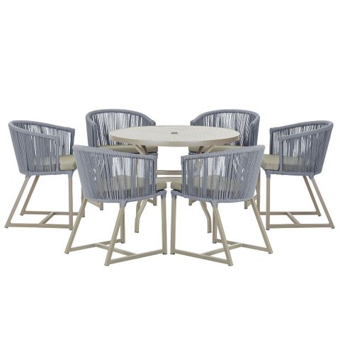 Mesa com 6 Cadeiras de Jantar Roma 120cm e Noronha em Alumínio Fendi Corda Náutica Estofado 8 Trama