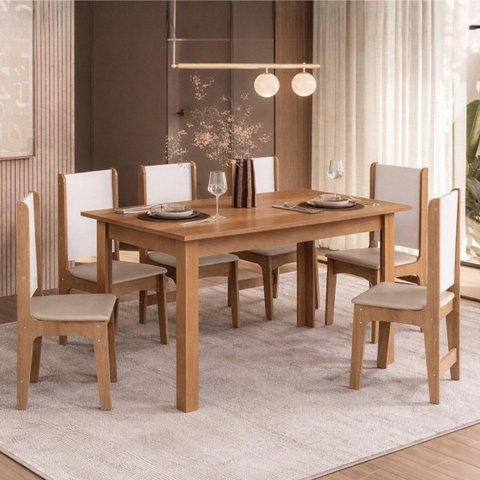 Conjunto Sala de Jantar com 6 Cadeiras Luana Yescasa Marrom/Mel/Off White