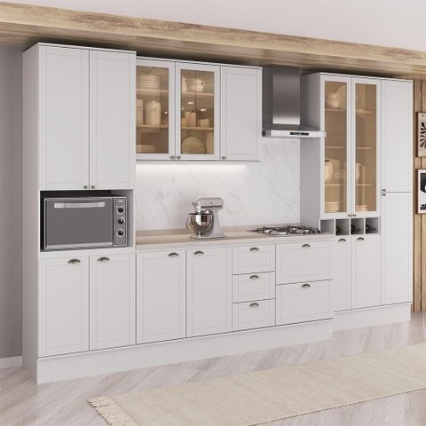 Cozinha Milla Lara 15 Portas 5 Gavetas MDF 360cm Branca Móveis Carraro