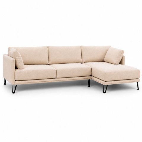 Sofá Sala de Estar Atena Chaise Direito Pés de Ferro 254cm 4 Lugares Linho Off White M1 - Monari Des