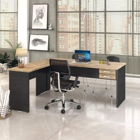 Escrivaninha Mesa Escritório em L com Work30 2 Gavetas 180cm Carvalho E Preto Ônix
