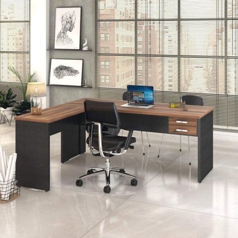 Escrivaninha Mesa Escritório em L com Work30 2 Gavetas 180cm Nogal E Preto Ônix