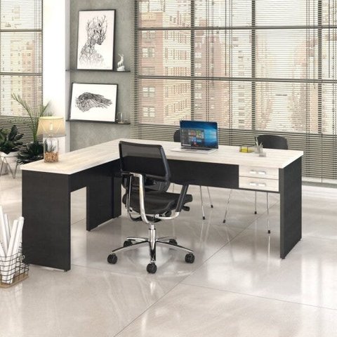 Escrivaninha Mesa Escritório em L com Work30 2 Gavetas 180cm Snow E Preto Ônix