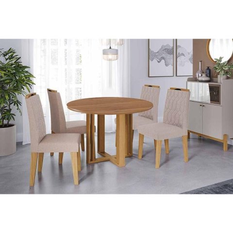 Conjunto: Mesa Sala Jantar Flora Tampo Madeirado C/ Vidro 109cm e 4 Cadeiras Paola Cinamomo/off
