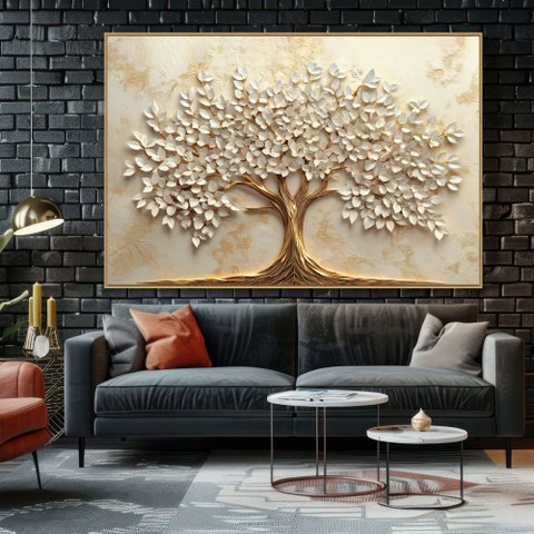 Quadro Decorativo Árvore da Vida Folhas Delicadas Flores Brancas Sala Quarto Casa Escritório