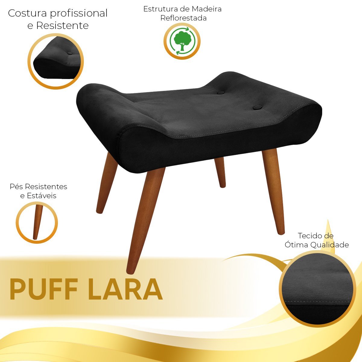 Puff Decorativo Lara Veludo Preto - Star Confort - 6