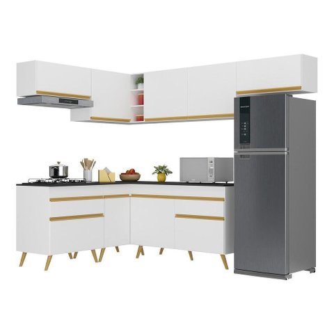 Armário de Cozinha Completa de Canto Veneza Multimóveis V2069 Branco/Dourado