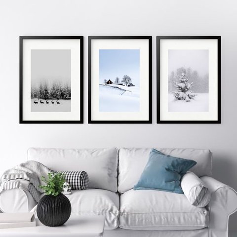 Kit 3 Quadros Grandes Inverno - 60x48cm:moldura Preta