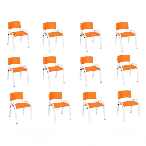 Kit 12 Cadeira Iso Infantil Creche, Base Branco Laranja